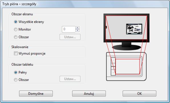 45 Kliknięcie przycisku TRYB PIÓRA SZCZEGÓŁY..., spowoduje wyświetlenie okna dialogowego TRYB PIÓRA SZCZEGÓŁY. Opcje OBSZAR EKRANU pozwalają wybrać obszar ekranu dla funkcji mapowania tablet-ekran.