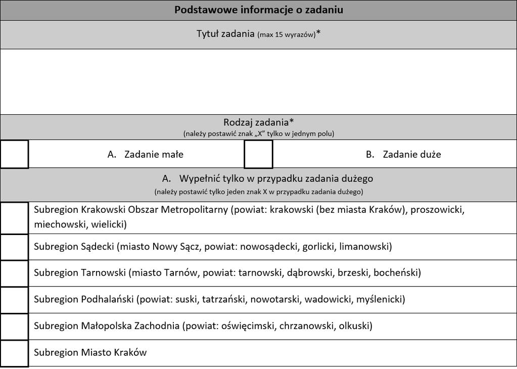 zadanie małe - realizowane na terenie jednego powiatu, zadanie duże - realizowane na terenie więcej niż