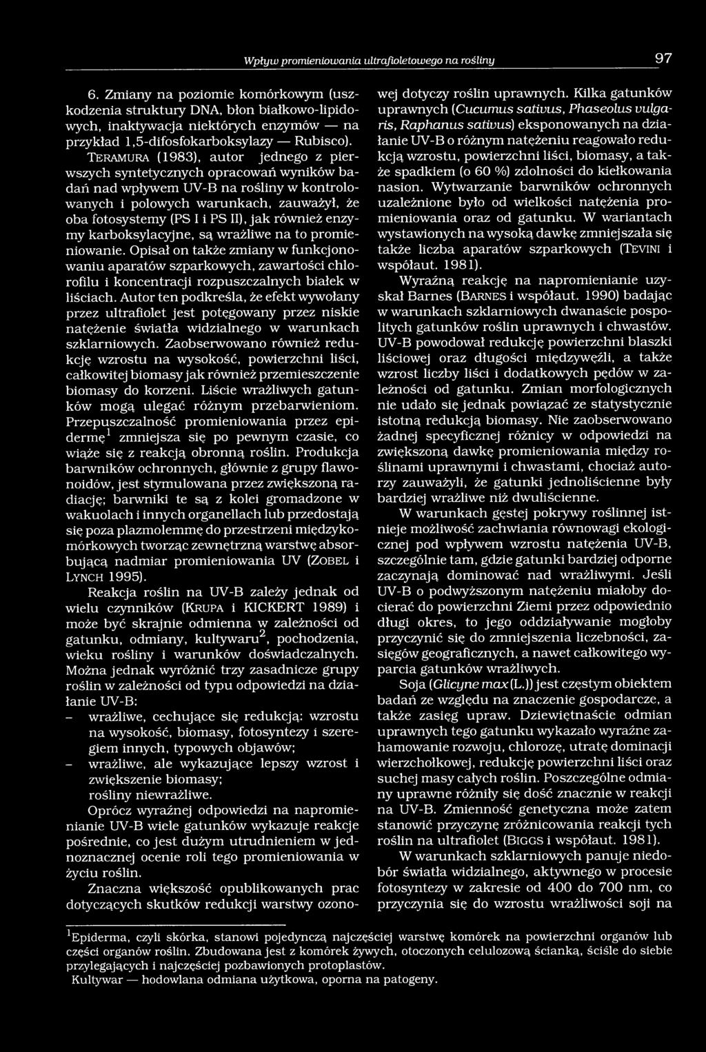 T e r a m u r a (1983), autor jednego z pierwszych syntetycznych opracowań wyników badań nad wpływem UV-B na rośliny w kontrolowanych i polowych warunkach, zauważył, że oba fotosystemy (PS I i PS