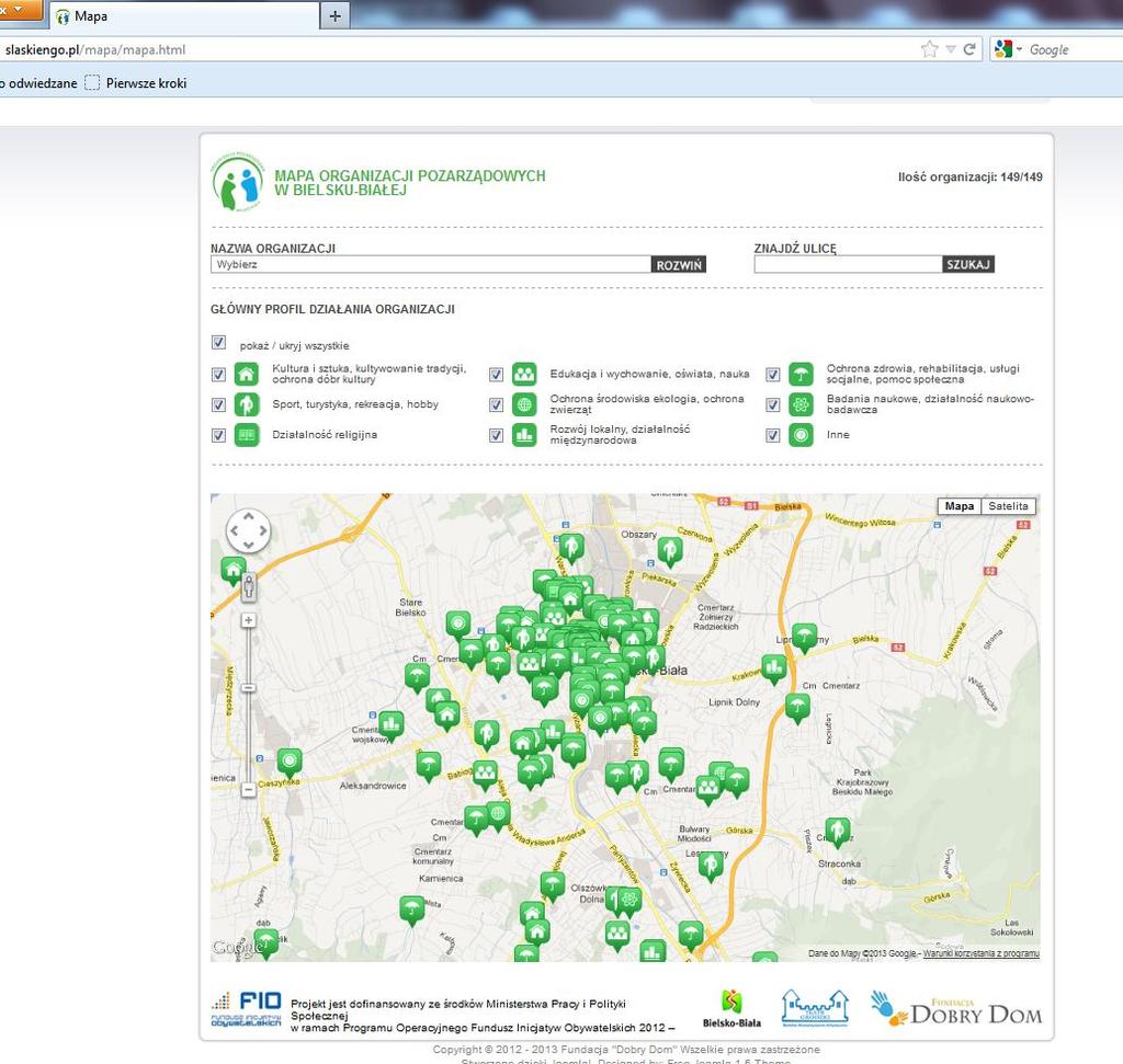 Sprawozdanie z realizacji programu współpracy Gminy BielskoBiała z organizacjami pozarządowymi oraz podmiotami, Mapa prezentująca bielskie organizacje pozarządowe (202 podmioty) dostępna jest na
