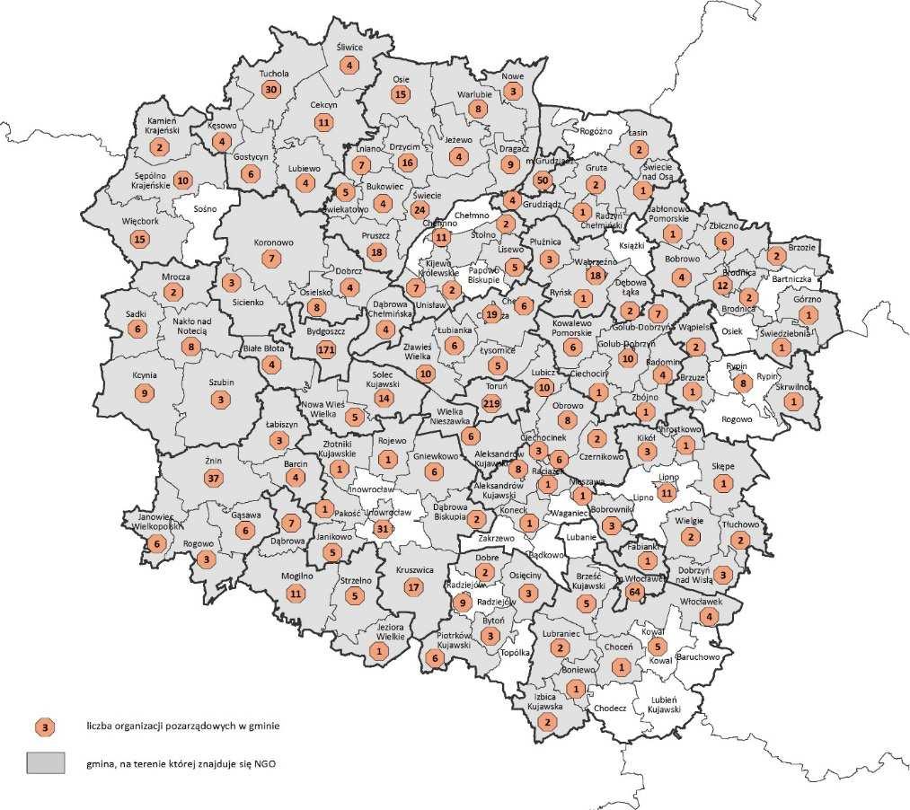 Mapa 1. Aktywne organizacje pozarządowe w województwie kujawsko-pomorskim Źródło: opracowanie własne (Biuro Analiz, WAiE, DRR) na podstawie danych przekazanych przez RDPP. Tabela 8.