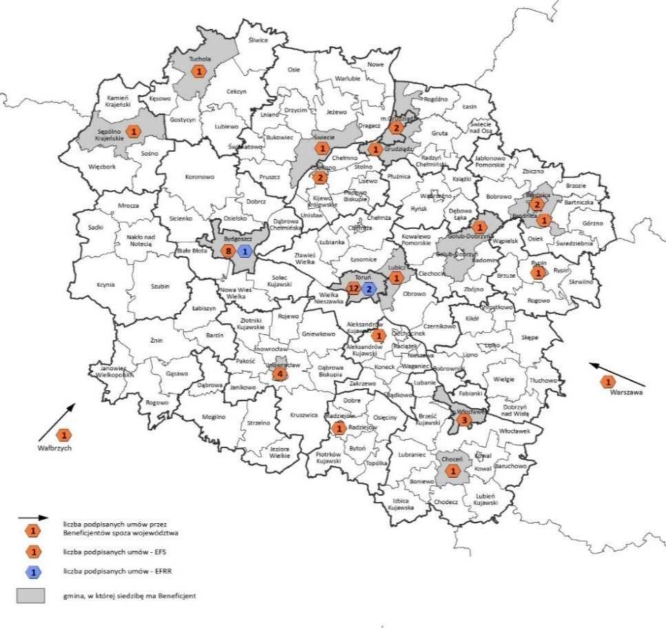 Dla lepszego zobrazowania udziału organizacji pozarządowych w konkursach RPO WK-P 2014-2020 przedstawiono liczbę i procent złożonych wniosków i podpisanych umów przez NGO na tle pozostałych