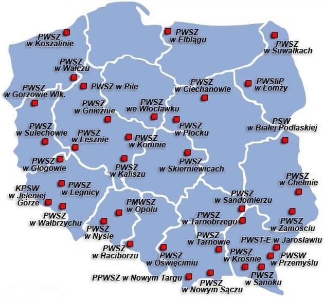 Rys. 2. Lokalizacja publicznych uczelni zawodowych (stan na 31 grudnia 2015 r.) Źródło: S. Komornicki, Publiczne wyższe szkoły zawodowe. Bliżej regionu, praktyki i studenta, http://www.prezydent.