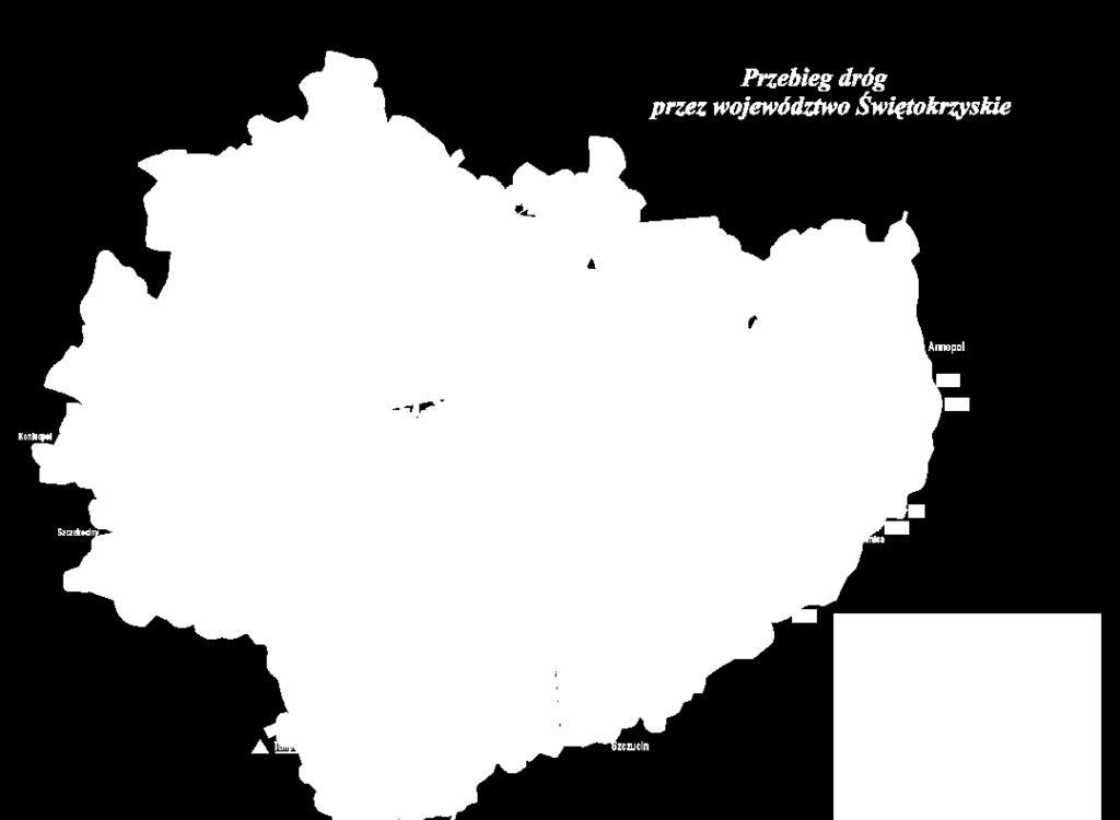 drogi powiatowe (401 km miejskie, 5397 km zamiejskie), 6487 km to drogi gminne (972 km miejskie, 5516 km zamiejskie). Rysunek 29. Przebieg dróg przez województwo Świętokrzyskie Źródło: http://www.