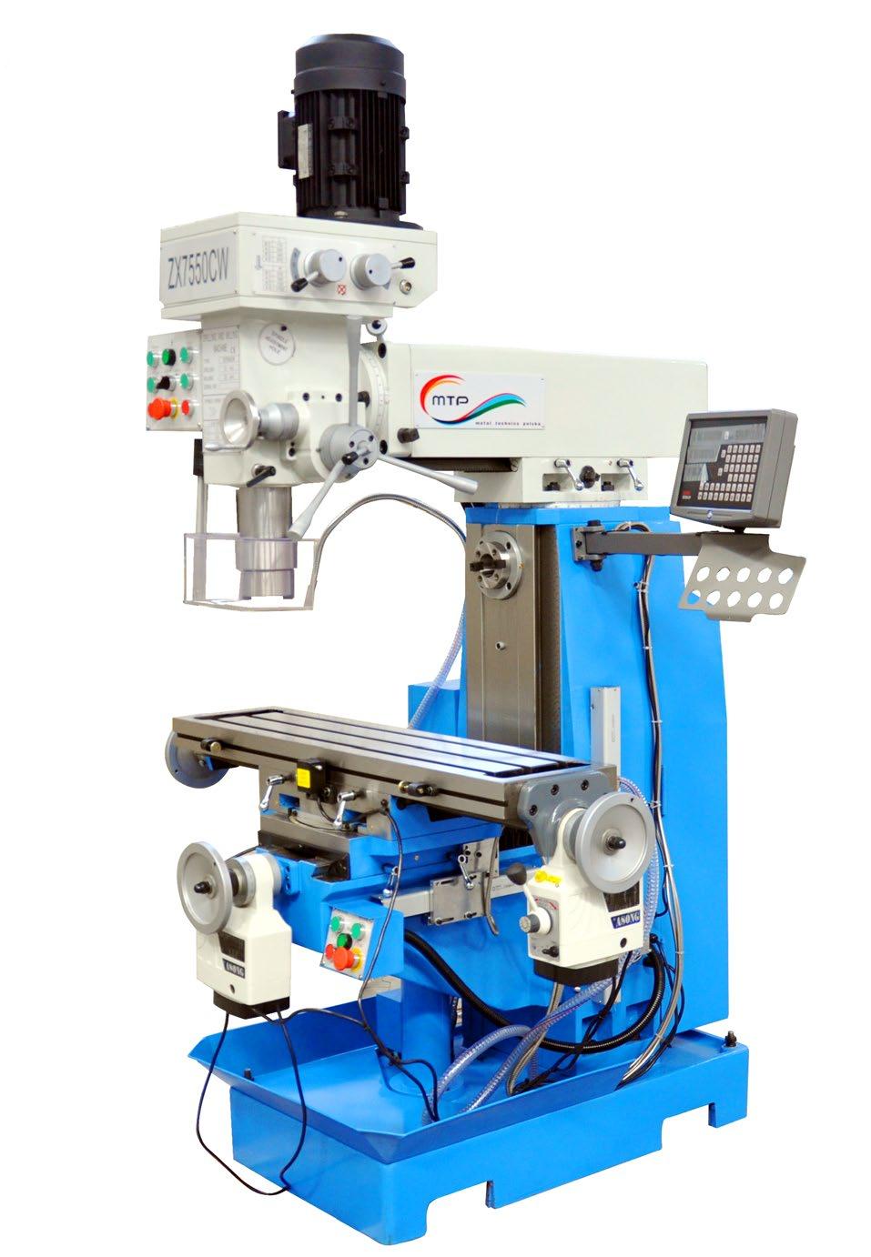 FREZARKI ZX7550CW 15800 zł netto Wymiary robocze stołu [mm] 800/1000x240 Przesuw wzdłużny stołu [mm] 1000 Przesuw poprzeczny stołu [mm] 230 Przesuw pionowy stołu-kolumny [mm] 90/100 Ilość/odległość