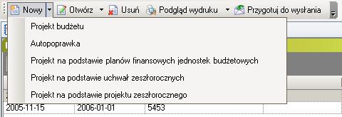 Nad oknem środkowym znajduje się pasek narzędzi. Przyciski w pasku narzędzi Nowy, Otwórz i Usuń mają taką samą funkcjonalność, jak opisane wyżej przyciski w dolnej części okna.