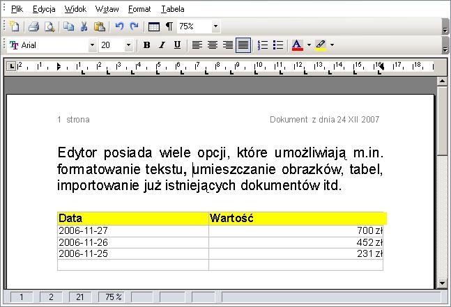 Rysunek 51. Okno edytora tekstu Edytor posiada wiele opcji, które umożliwiają m.in. formatowanie tekstu, umieszczanie obrazków, tabel, importowanie już istniejących dokumentów itd. 3.4.