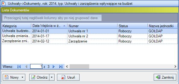 Rysunek 53. Lista dokumentów Przyciski w pasku narzędzi Nowy, Otwórz i Usuń mają taką samą funkcjonalność, jak opisane wyżej przyciski w dolnej części okna.