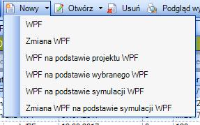 Rysunek 69. Menu kontekstowe pod przyciskiem Nowy Wybór którejkolwiek pozycji z menu skutkuje wyświetleniem okna do wprowadzenia szczegółowych danych.