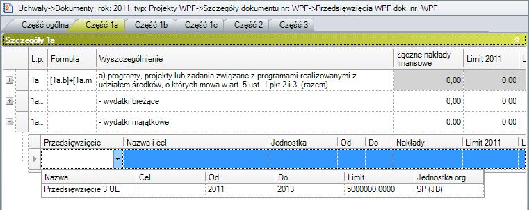 majątkowe), w ramach których realizowane jest dane przedsięwzięcie (rys. 81). W kolejnym kroku należy w kolumnie Przedsięwzięcia rozwinąć listę przedsięwzięć i wybrać odpowiednie.