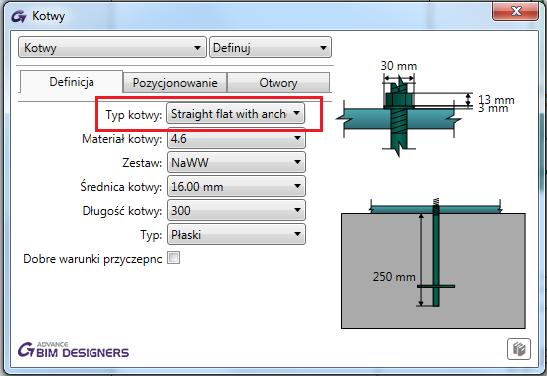 Nowy typ jest dostępny po wybraniu z listy typów standardowych kotew pozycji France/Straight flat with anchor z zakładki Definicja w oknie dialogowym Kotwy.