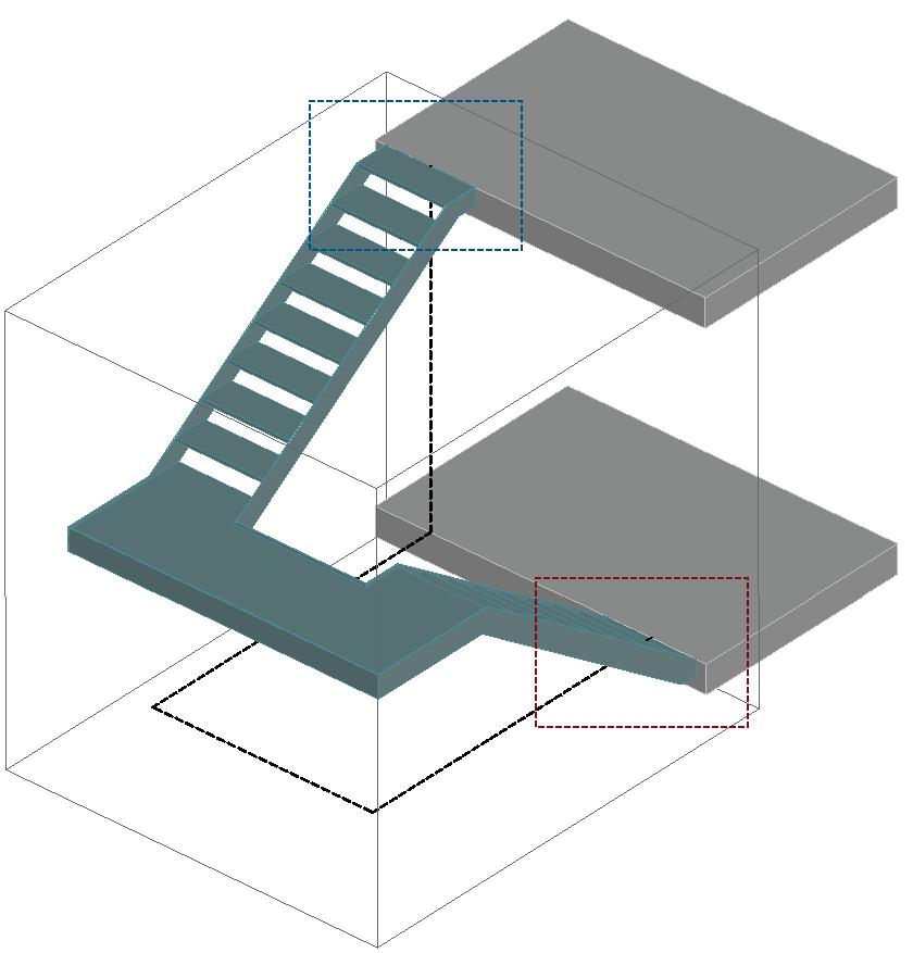 Wstawianie schodów między dwoma poziomami Położenie pierwszego i ostatniego stopnia może być dostosowane do poziomu wcześniej zdefiniowanych płyt stropu.