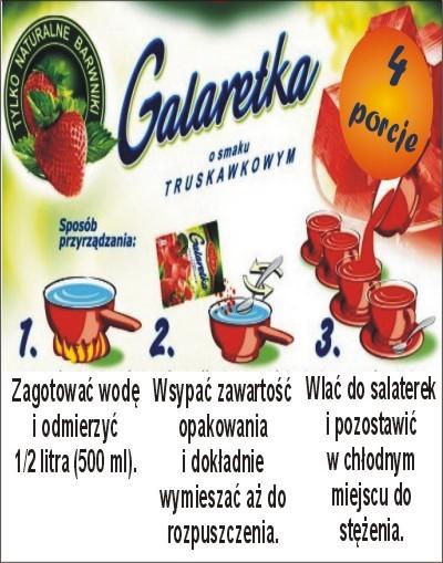 Zgodnie z informacją zamieszczoną na opakowaniu galaretki o smaku truskawkowym do sporządzenia 20 porcji deseru należy wykorzystać A. 1500 ml wody i 3 opakowania galaretki. B.