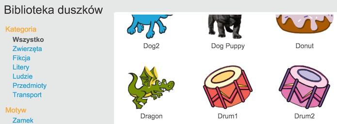 otworzyć listę wszystkich dostępnych w Scratchu duszków.