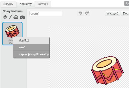 Kliknij na nowym kostiumie, który właśnie utworzyłeś (będzie się nazywał np. drum2 ).
