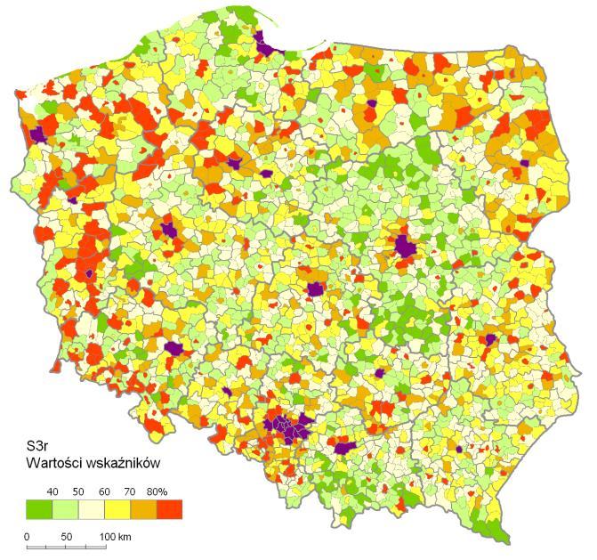 KRYTERIA SPOŁECZNO-GOSPODARCZE WSKAŹNIK S1w udział pracujących w zawodach pozarolniczych, 2002 WSKAŹNIK S2w liczba podmiotów gospodarczych na 1000 mieszkańców, 2011 WSKAŹNIK S3r udział podmiotów