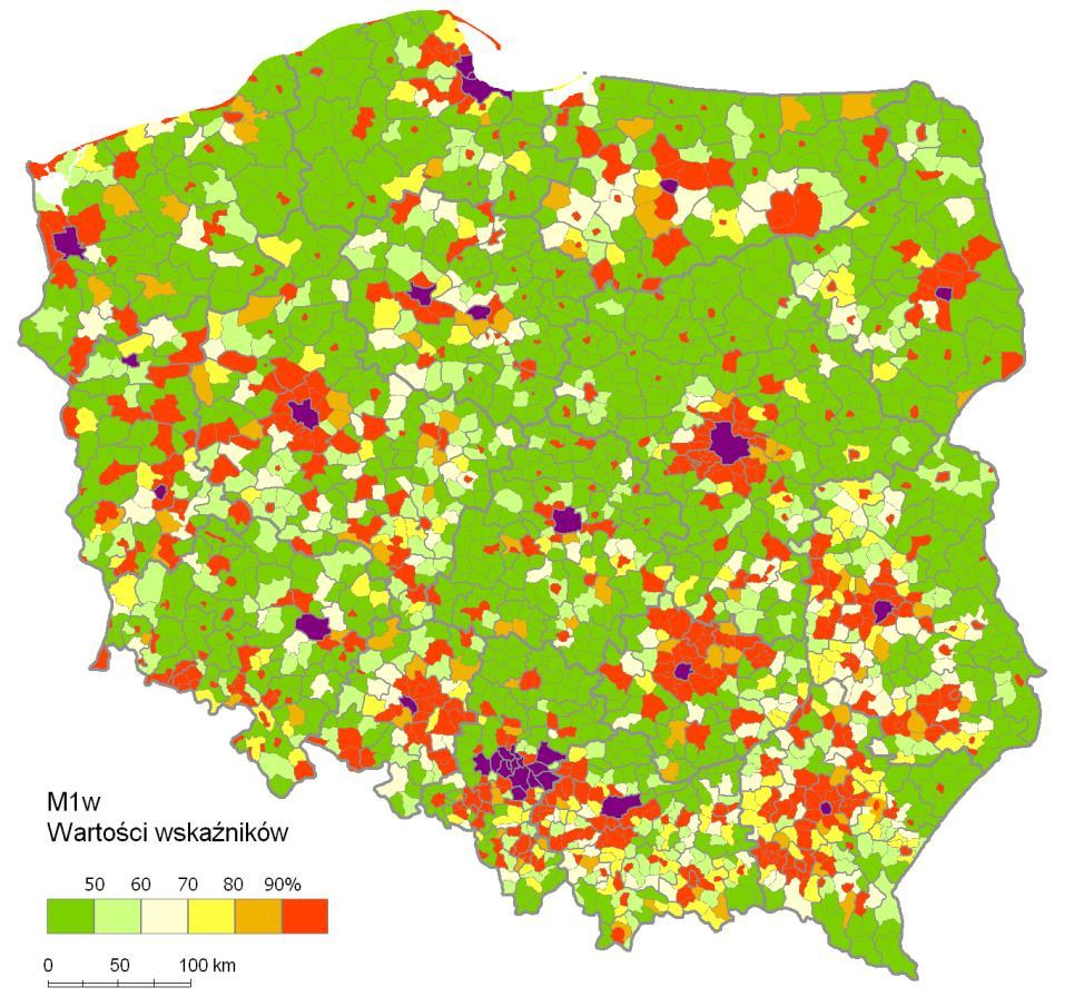 KRYTERIA MORFOLOGICZNE WSKAŹNIK M1w gęstość zaludnienia (bez lasów i wód), 2011 WSKAŹNIK M2w liczba mieszkań
