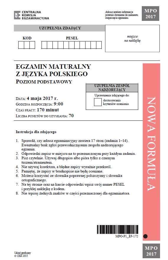 Strona tytułowa naklejka z kodem kreskowym zdającego