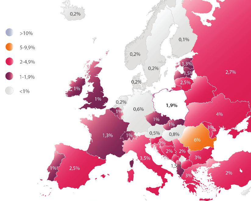 L. Sierpińska, Ryzyko zakażenia wirusem HCV w przypadku ekspozycji zawodowej pracy pielęgniarek... 9 Rycina 2. Częstość występowania zakażeń wirusem HCV w Europie w 2010 roku. Źródło: P. Jaros, J.