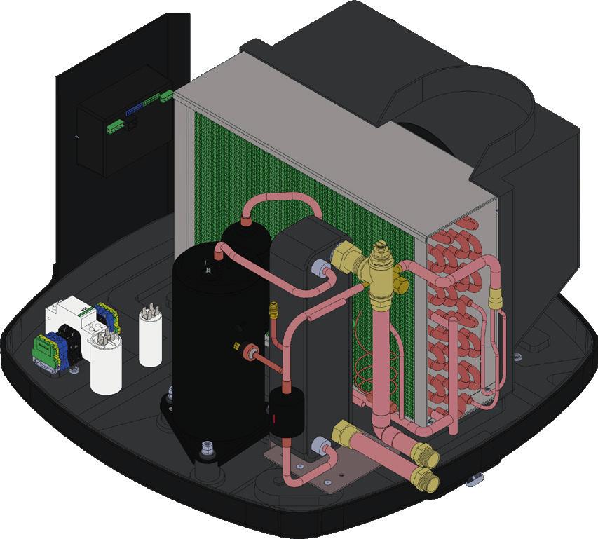 2. Informacje ogólne Wlot powietrza Wylot powietrza Dławiki elektryczne Zasilanie GW 3/4" Powrót GW 3/4" Odpływ kondensatu Widok z tyłu 2.2. Budowa wewnętrzna Sterownik Wentylator Zawór serwisowy