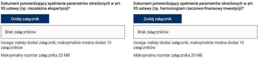 Wymagane jest również załączenie dokumentów potwierdzających spełnienie parametrów określonych w art. 95 ustawy o Rynku Mocy (np.