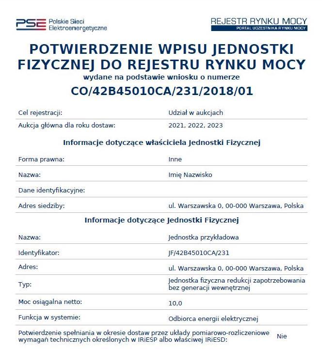 Po wskazaniu jednostki aktywuje się przycisk Dodaj. Wybranie go powoduje dodanie jednostki do jednostki rynku mocy.