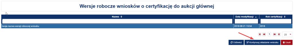 Lista umożliwia filtrowanie po nazwie lub jej fragmencie, dacie zapisania wersji roboczej lub roku certyfikacji.