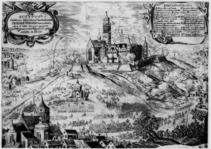 12. Poniższa ilustracja przedstawia oblężenie Jasnej Góry. Odpowiedz na związane z nią pytania. (0/2) 12.1 Dowódcą obrony klasztoru jasnogórskiego był: A. Stanisław Jabłonowski B. Stefan Czarniecki C.