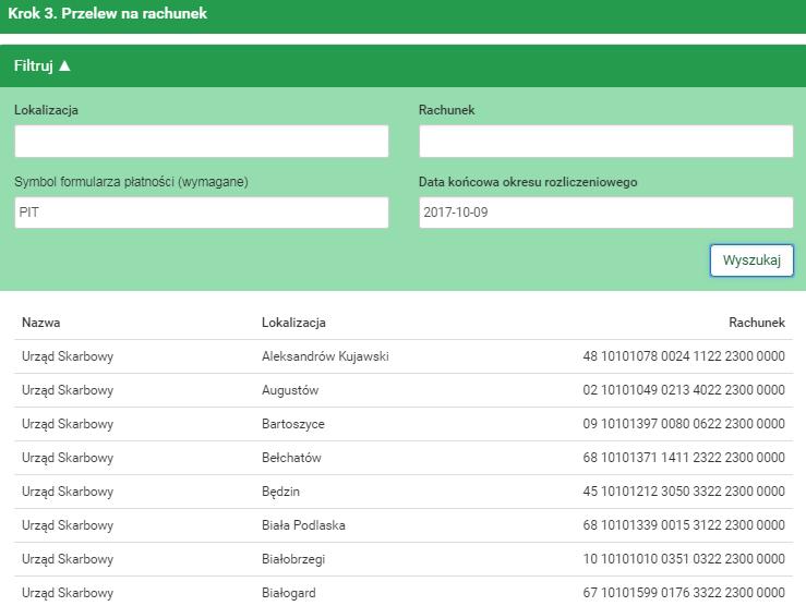 28 Przelewy użytkownik zostaje przekierowany do kroku trzeciego o nazwie Przelew na rachunek w którym wybiera rachunek odpowiedniego urzędu skarbowego (rys.4.17). Rysunek 4.