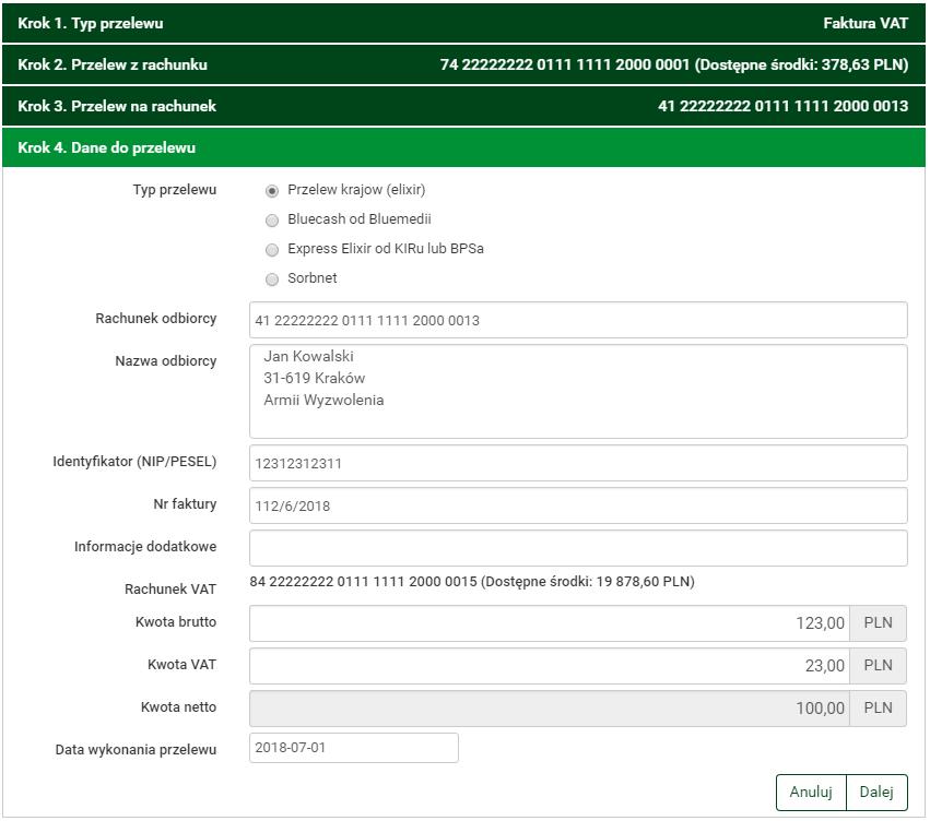 36 Przelewy Rysunek 4.27: Formularz danych przelewu Po kliknięciu przycisku Zatwierdź, jeśli podany kod autoryzacyjny jest prawidłowy następuje przekierowanie do okna potwierdzenia przelewu (rys.4.29).
