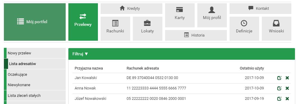 38 Przelewy Rysunek 4.30: Lista adresatów nych przez użytkownika przelewów, definicji lub zleceń stałych. Lista tworzy się automatycznie.