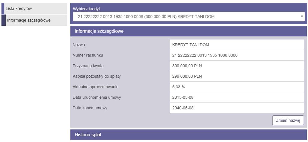 6.2 Informacje szczegółowe 65 Informacje szczegółowe Poniżej widać informacje szczegółowe dla danego kredytu. Prezentują one pełną informację na temat kredytu.