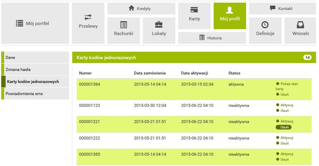 9.5 Kody jednorazowe 79 kodów jednorazowych należy zamówić przez system ebanknet.