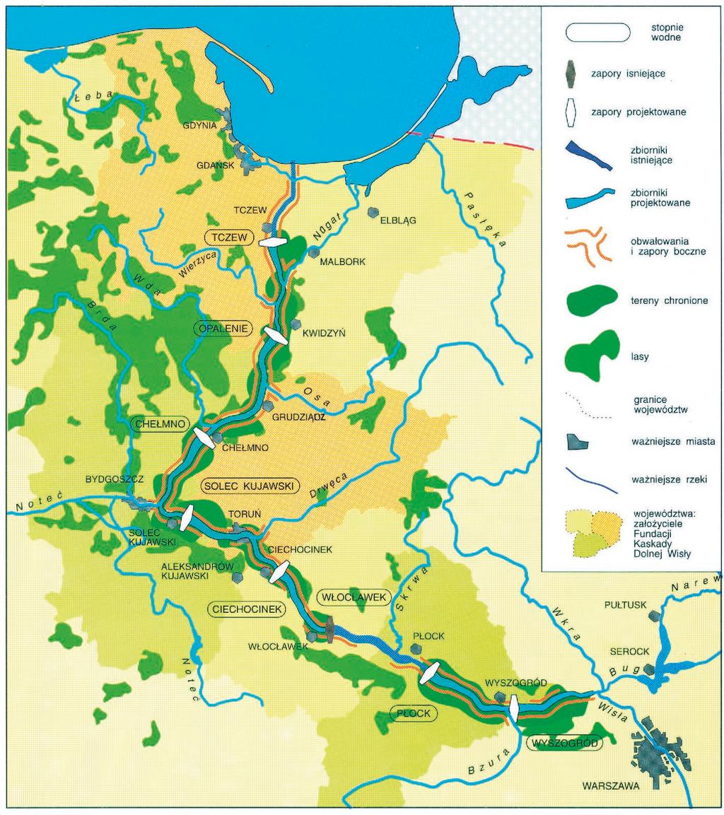 Rys. 4. Pierwsza koncepcja Kaskady Dolnej Wisły (Kaskada 1993) dy energetyczno-żeglugowej. Budowę następnego stopnia Ciechocinek rozpoczęto od przygotowania placu budowy.