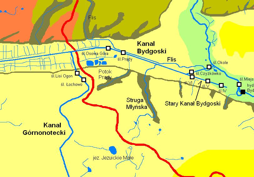 Kanał Bydgoski sztuczna droga wodna o dł. 24, 5 km, Bydgoszcz Nakło nad Notecią, zajmuje obszar martwej doliny (Dolina Kanału Bydgoskiego) przecinającej dział wodny Noteci i Wisły.