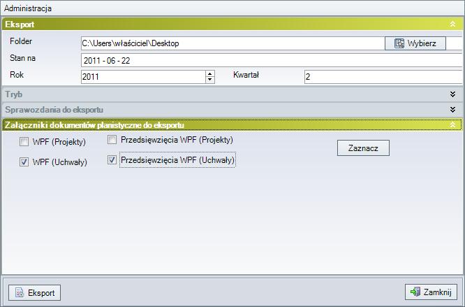 Aby wyeksportować dane z załączników WPF i Przedsięwzięcia WPF należy w sekcji Eksport określić folder docelowy a w sekcji