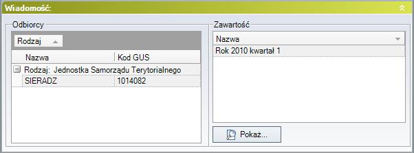 Rysunek 52. Skrzynka robocza, sekcja Wiadomość Grupa Odbiorcy wskazuje odbiorców wiadomości, zaś grupa Zawartość zawiera listę załączników wiadomości.
