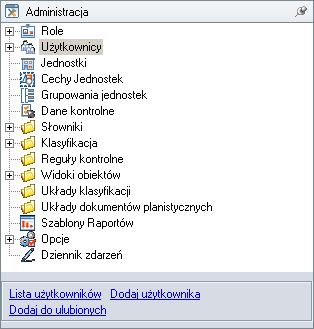 Rysunek 67. Drzewo Administracja 7.3. Role Rola jest to zbiór uprawnień przyznanych użytkownikom systemu. Celem tworzenia ról jest ułatwienie kontroli nad użytkownikami.