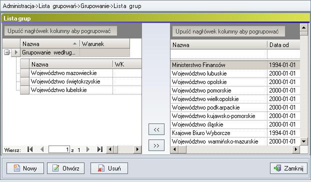 Rysunek 87. Przeglądanie podlisty przypisanych jednostek Możliwe jest dodanie kolejnej grupy do listy jednostek w lewym oknie.