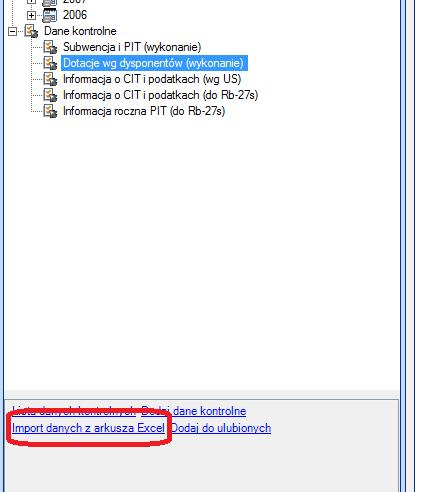 Import danych kontrolnych z arkusza Excel poza gałęzią Subwencja PIT (wykonanie) Istnieje możliwość zaimportowania danych z odpowiednio przygotowanego arkusza