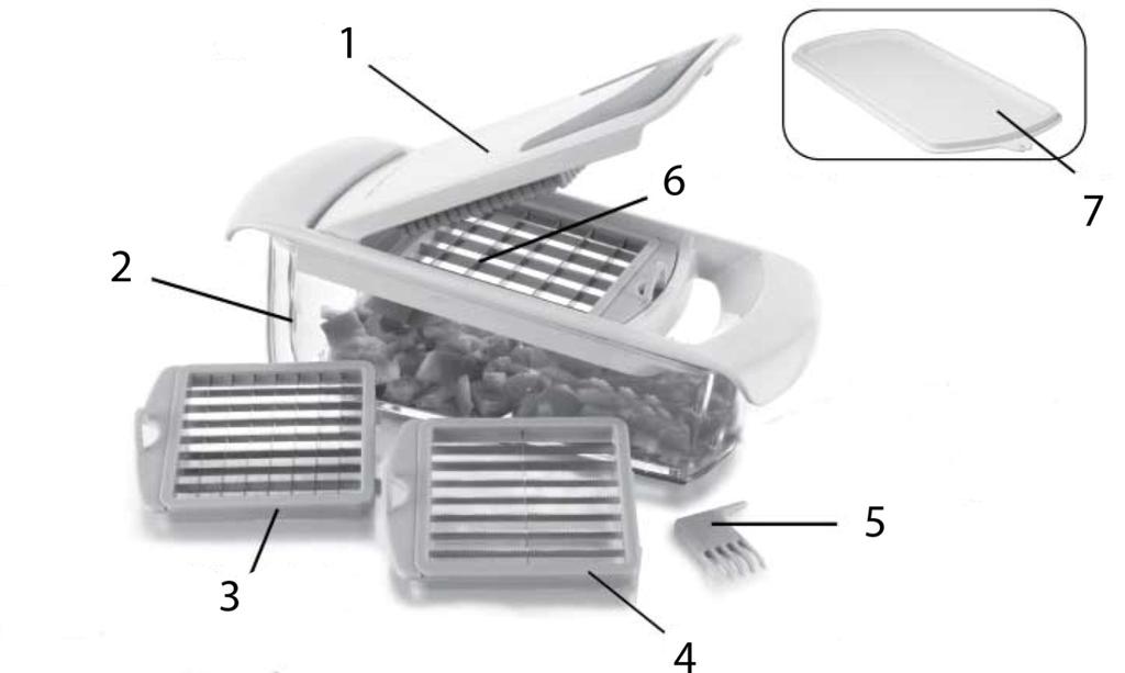 ENGLISH ENGLISH DESCRIPTION 3 interchangeable blades included 1.2 l bowl included Non-slip base Soft, non-slip grip 1. Pressure plate 2. Container 3. Dicing blade 4. Slicing blade 5. Cleaning tool 6.
