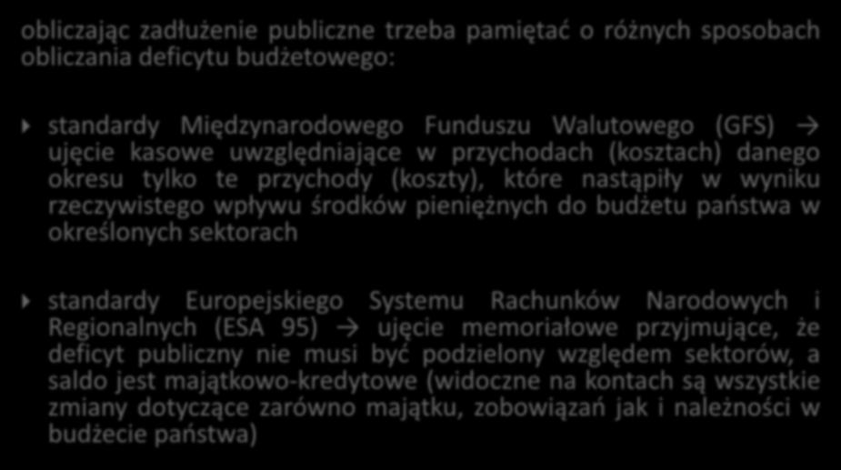 Metodologie liczenia długu publicznego obliczając zadłużenie publiczne trzeba pamiętać o różnych sposobach obliczania deficytu budżetowego: standardy Międzynarodowego Funduszu Walutowego (GFS) ujęcie