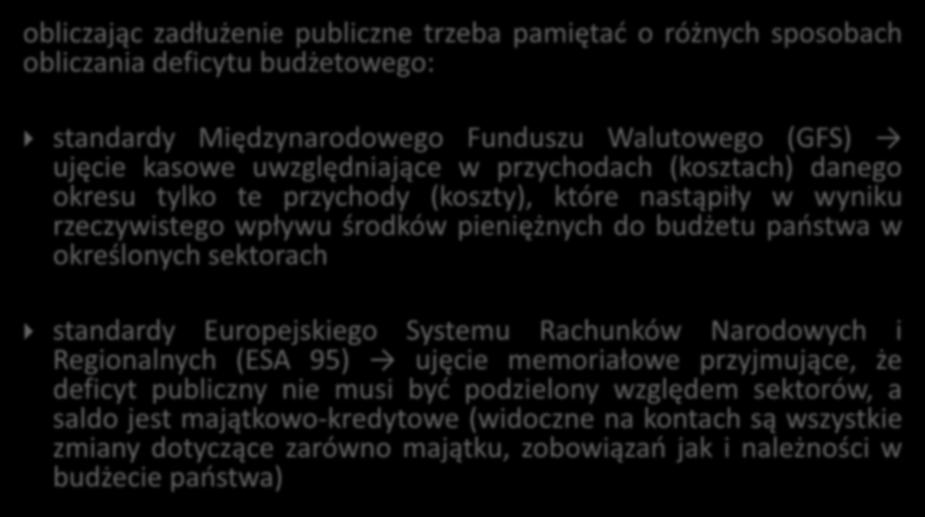 Metodologie liczenia długu publicznego obliczając zadłużenie publiczne trzeba pamiętać o różnych sposobach obliczania deficytu budżetowego: standardy Międzynarodowego Funduszu Walutowego (GFS) ujęcie