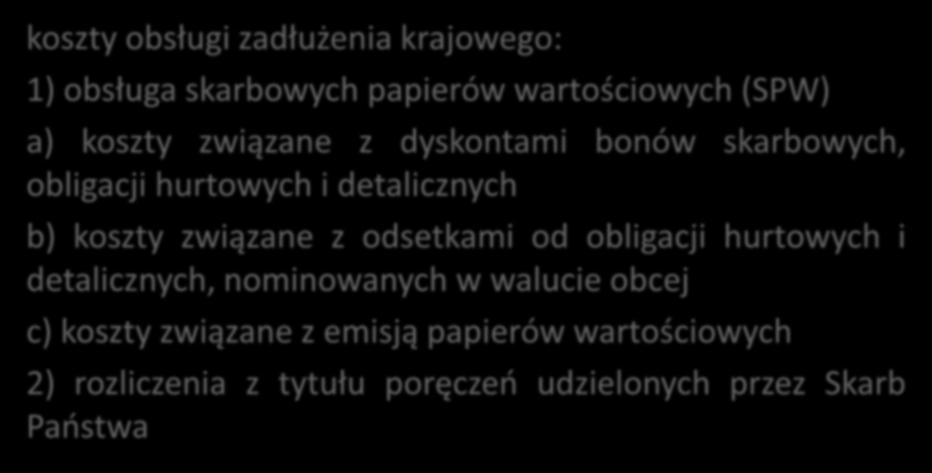 Koszty obsługi zadłużenia krajowego koszty obsługi zadłużenia krajowego: 1) obsługa skarbowych papierów wartościowych (SPW) a) koszty związane z dyskontami bonów skarbowych, obligacji hurtowych i