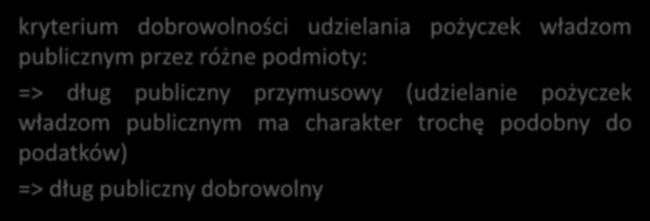 Dług publiczny przymusowy i dobrowolny kryterium dobrowolności udzielania pożyczek władzom publicznym przez różne podmioty: =>