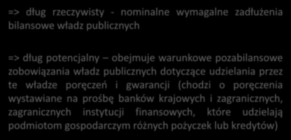 Dług publiczny rzeczywisty i potencjalny => dług rzeczywisty - nominalne wymagalne zadłużenia bilansowe władz publicznych => dług potencjalny obejmuje warunkowe pozabilansowe zobowiązania władz