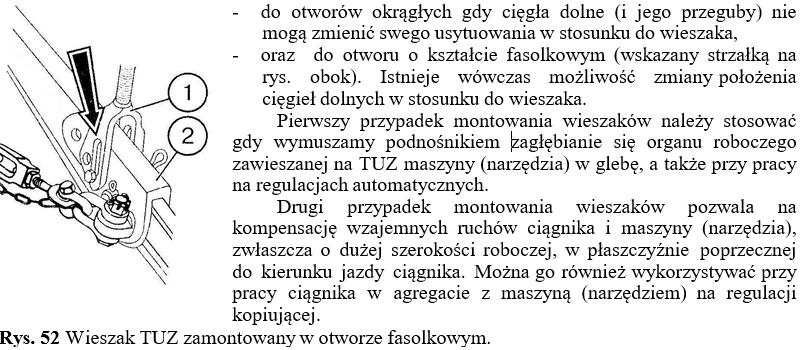 Wieszaki TUZ 1 posiadają również dwie możliwości montowania ich do cięgieł dolnych 2 (rys. 52): UWAGA!