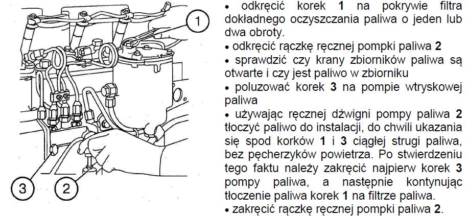 Odpowietrzanie układu paliwowego. W celu odpowietrzenia układu paliwowego należy: MTZ BELARUS TRAKTOR SP. Z O.O. - UWAGA: Jeżeli uruchomienie silnika jest w dalszym ciągu utrudnione, należy odpowietrzyć przewody paliwowe doprowadzające paliwo do wtryskiwaczy.