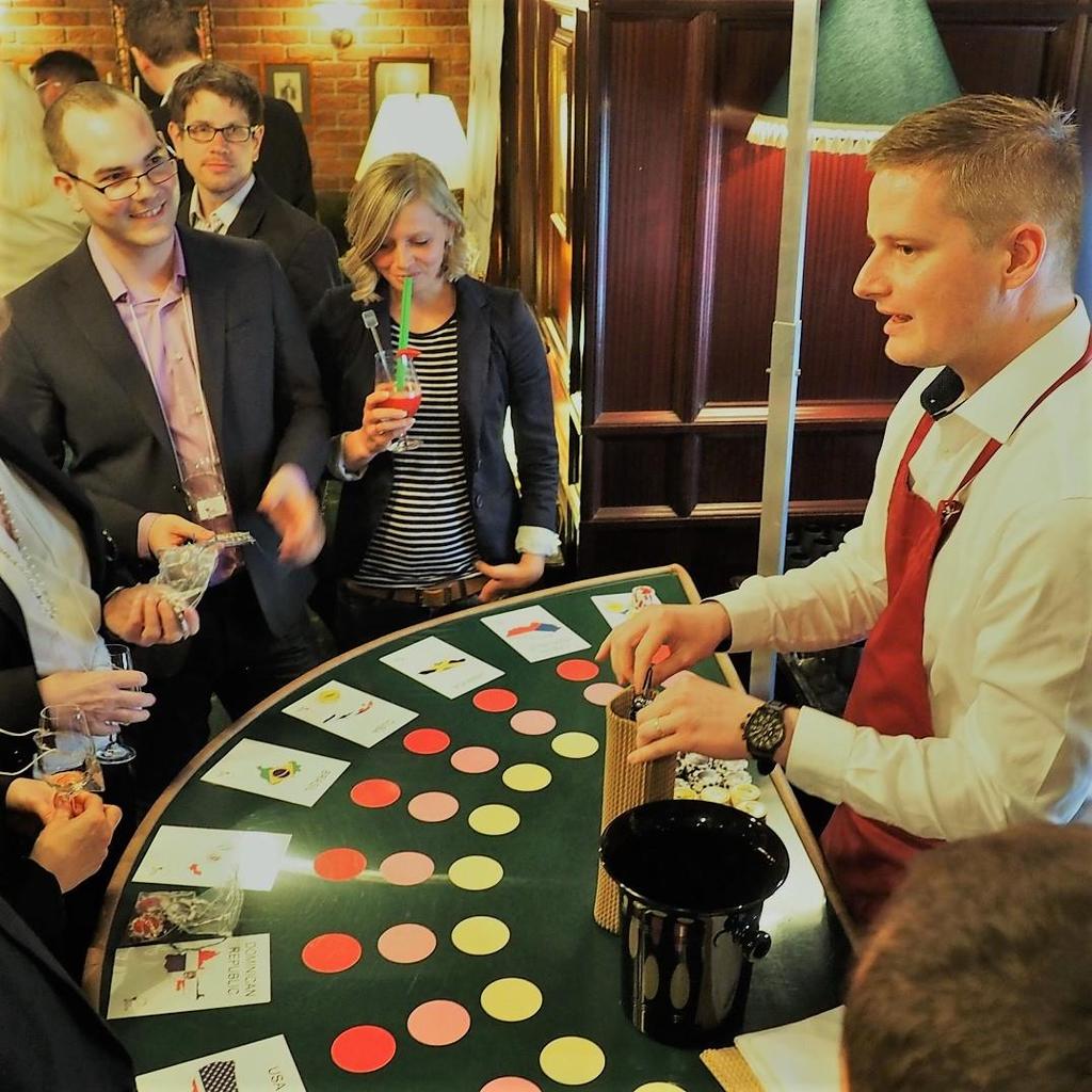WINE CASINO Wine Casino to świetna zabawa integracyjna, łącząca w sobie klimat prawdziwego kasyna z degustacją wina. Do Państwa dyspozycji oddajemy: - profesjonalne stoły do Wine Casino.