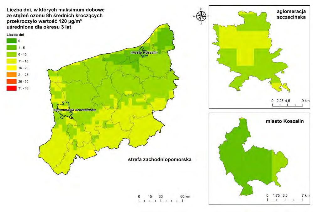 Mapa 2.3.16. Liczba dni z przekroczeniami wartości docelowej ozonu w województwie zachodniopomorskim w 2016 roku uśrednione wartości z 3 lat: 2014-2016 (źródło: GIOŚ) Wykres 2.3.19.